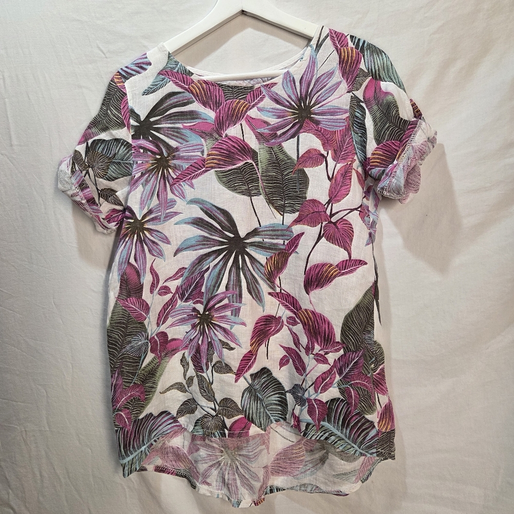 100% Linen Floral Top Button Up Sleeves Made Italy Size Small Round Neck Loose
